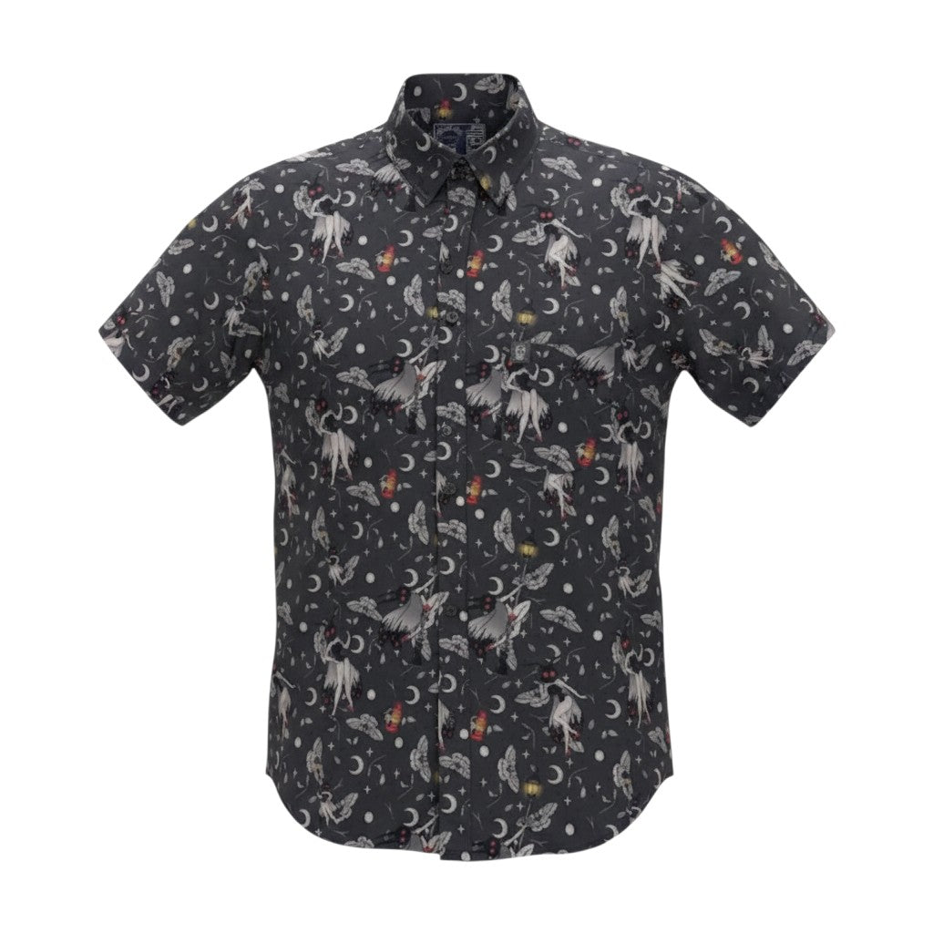 Project Good Apparel Mothbabe short-sleeve button-up shirt with a dark grey background and a repeating pattern of Mothman figures, moons, and lanterns.