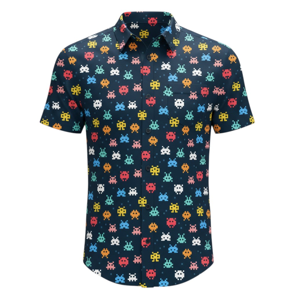 Project Good Apparel short-sleeve button-up shirt with a dark navy background and a pixelated Space Invaders pattern in various colors.