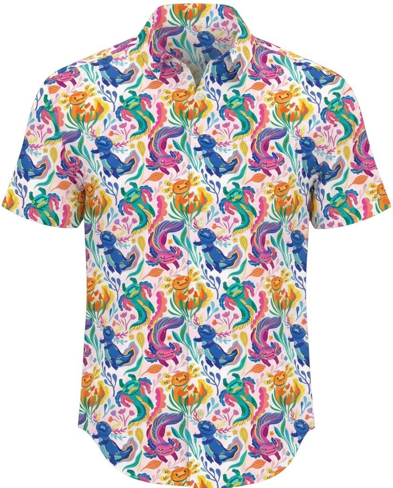 Project Good Apparel short sleeve button-up shirt with all-over print of colorful axolotls and tropical foliage.
