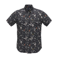 Project Good Apparel Mothbabe short-sleeve button-up shirt with a dark grey background and a repeating pattern of Mothman figures, moons, and lanterns.