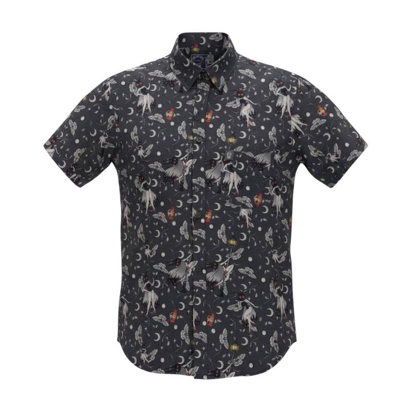 Project Good Apparel Mothbabe short-sleeve button-up shirt with a dark grey background and a repeating pattern of Mothman figures, moons, and lanterns.