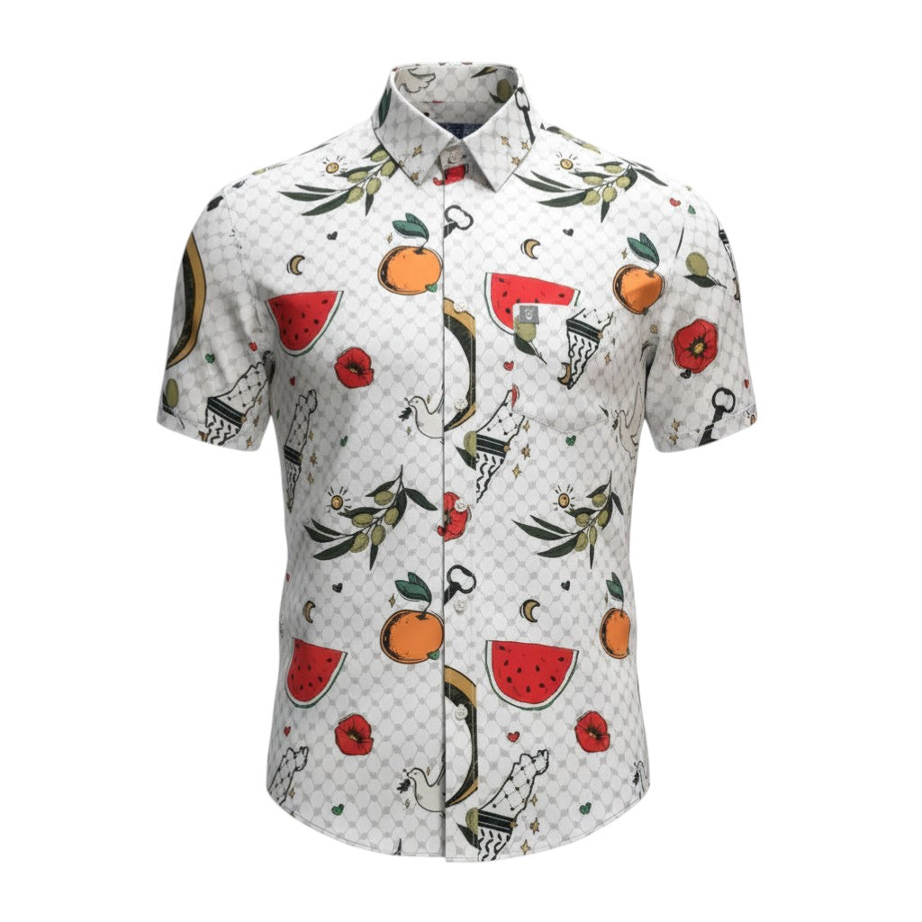 Project Good Apparel white short-sleeve button-up shirt with a repeating pattern of fruits, olive branches, doves, and crescent moons.