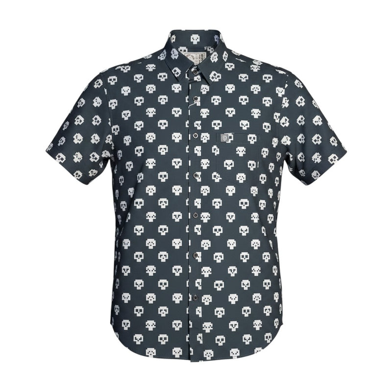 Project Good Apparel dark blue short-sleeve button-up shirt with pixelated white skulls pattern. Eco-friendly BottleBlend™ fabric.