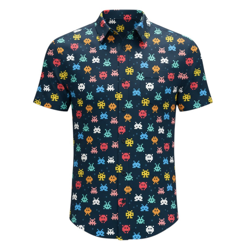Project Good Apparel short-sleeve button-up shirt with a dark navy background and a pixelated Space Invaders pattern in various colors.