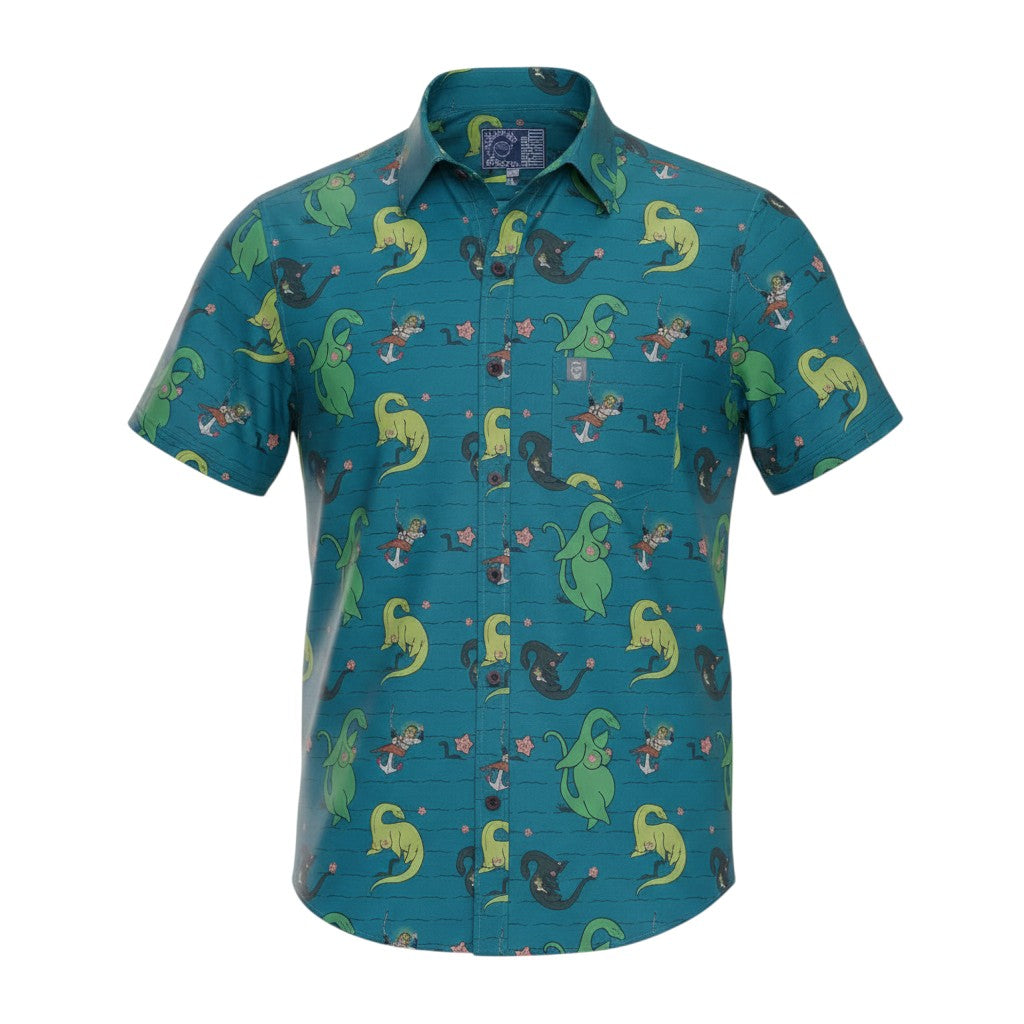 Project Good Apparel teal short-sleeve button-up shirt with a repeating pattern of green and black mythical sea creatures, anchors, and starfish.