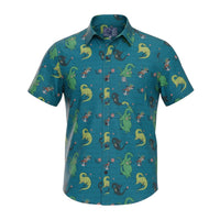 Project Good Apparel teal short-sleeve button-up shirt with a repeating pattern of green and black mythical sea creatures, anchors, and starfish.